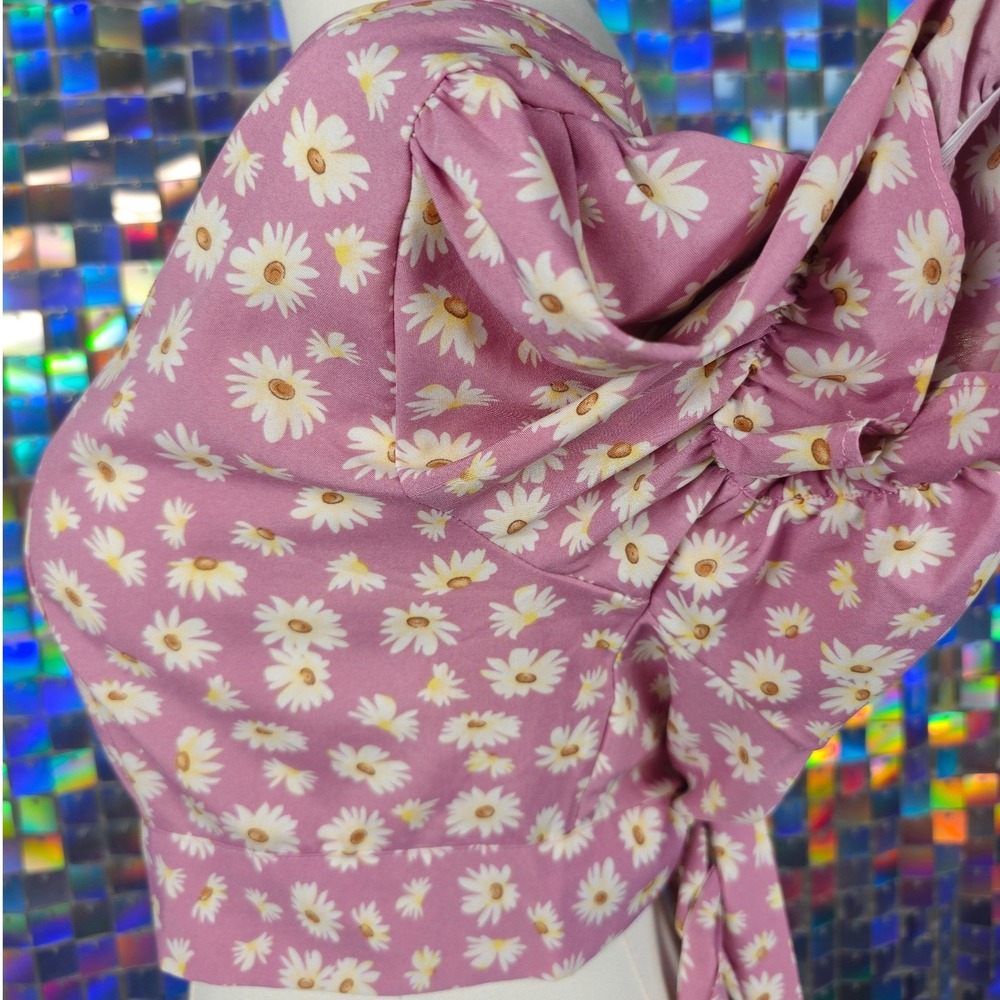 Daisy Floral Crop Top Womens 2XL Pink Excellent Puff Sleeve Tie Back Layering - Picture 5 of 7